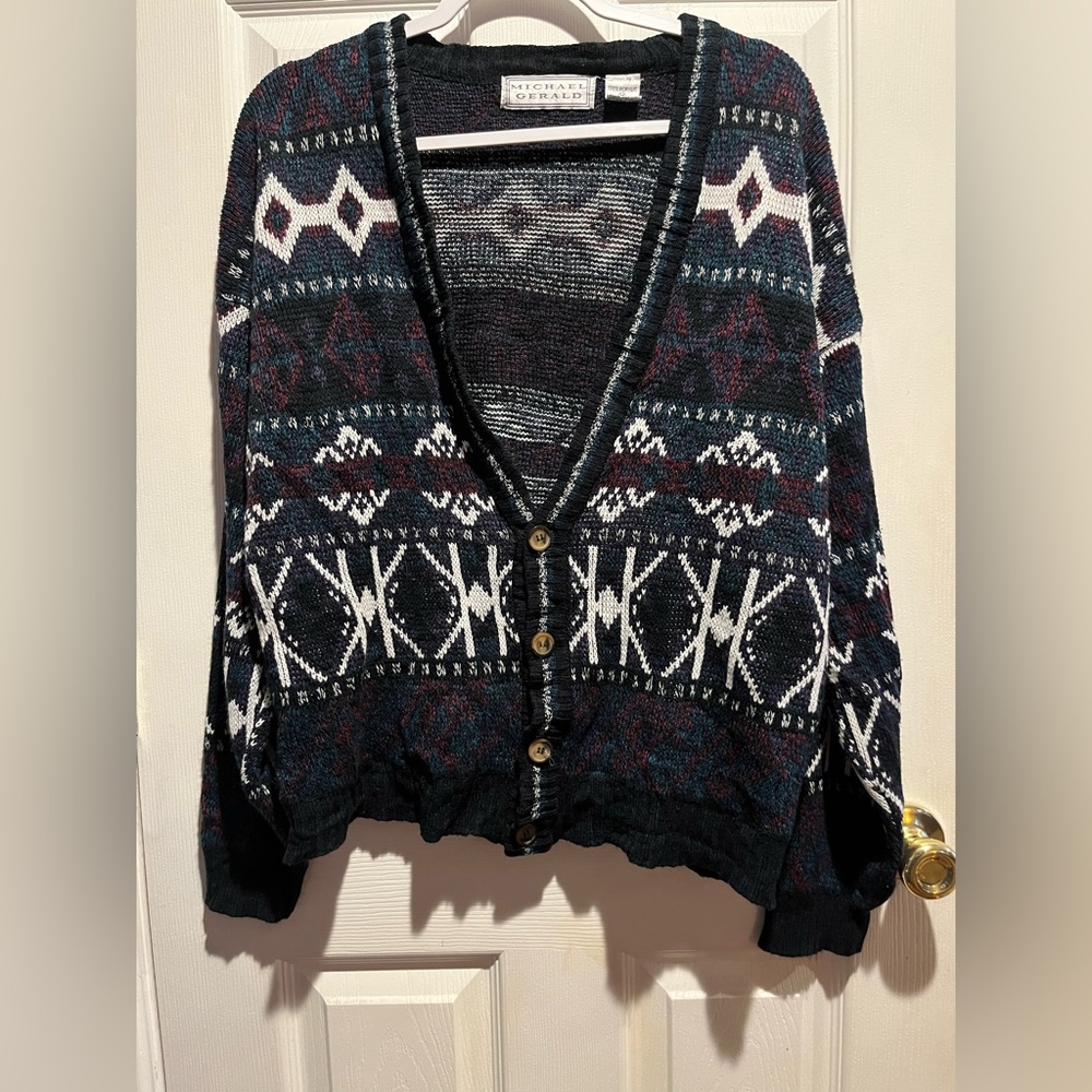 Michael Gerald Vintage Multicolored Patterned Cardigan Grandpa Sweater